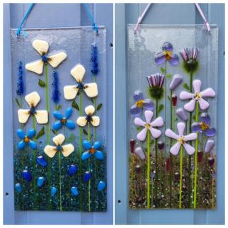 Two rectangular floral glass hangers.