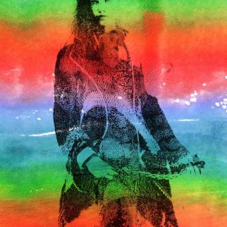 A monoprint with a rainbow coloured background and an image of a woman in a flowing kimono.