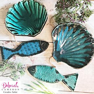 Shells and Fish coastal blue and green glaze ceramics