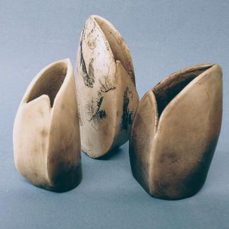 Set of 3 smoke fired Shellpots, inspired by shape of mussel shells and sails of yachts