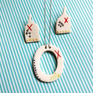 Harbour print, porcelain & silver necklace and bottle earrings