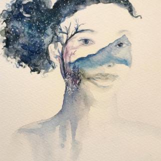 Contemporary watercolour portrait of girl with landscape 