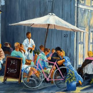 Acrylic painting depicting outside café scenes