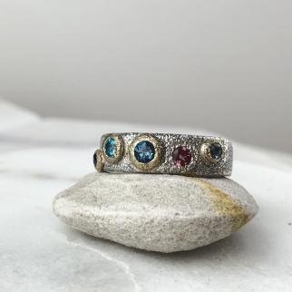 Silver & gold lichen ring, sapphire, tourmaline, topaz