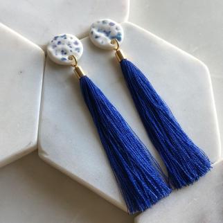 Seaspray glazed blue tassel earrings, gold & silver