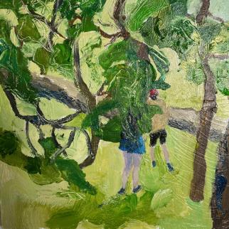 small painting of two people in shorts (from behind) partially obscured by the leaves of the trees they are walking under
