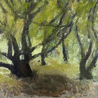 small painting of trees in a wood with a small roe deer in the distance