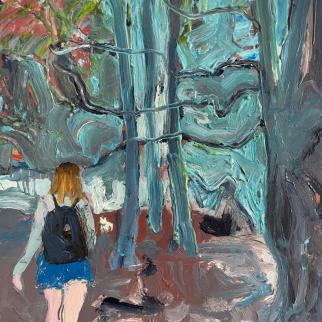 small painting of a young woman in blue shorts walking her little white dog in a blue forest