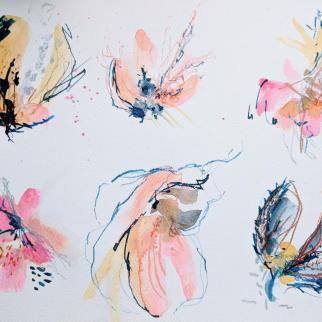 Vibrant mixed media paintings of loose florals and seed pods