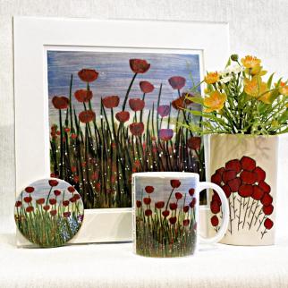 Selection of poppy art giftware, mug, vase, print and poppy coaster