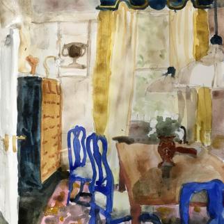 small watercolour of a dining room with curvy blue chairs