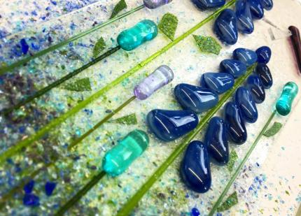 Fused glass lupin meadow in shades of blue