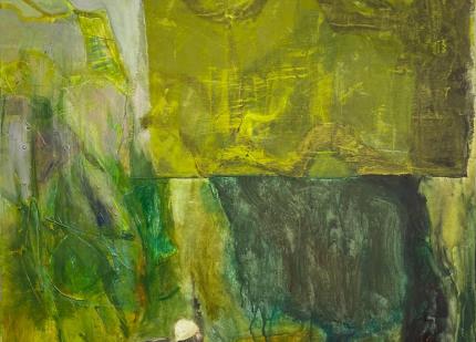 almost abstract green forest with head and upper torso of two figures looking up 